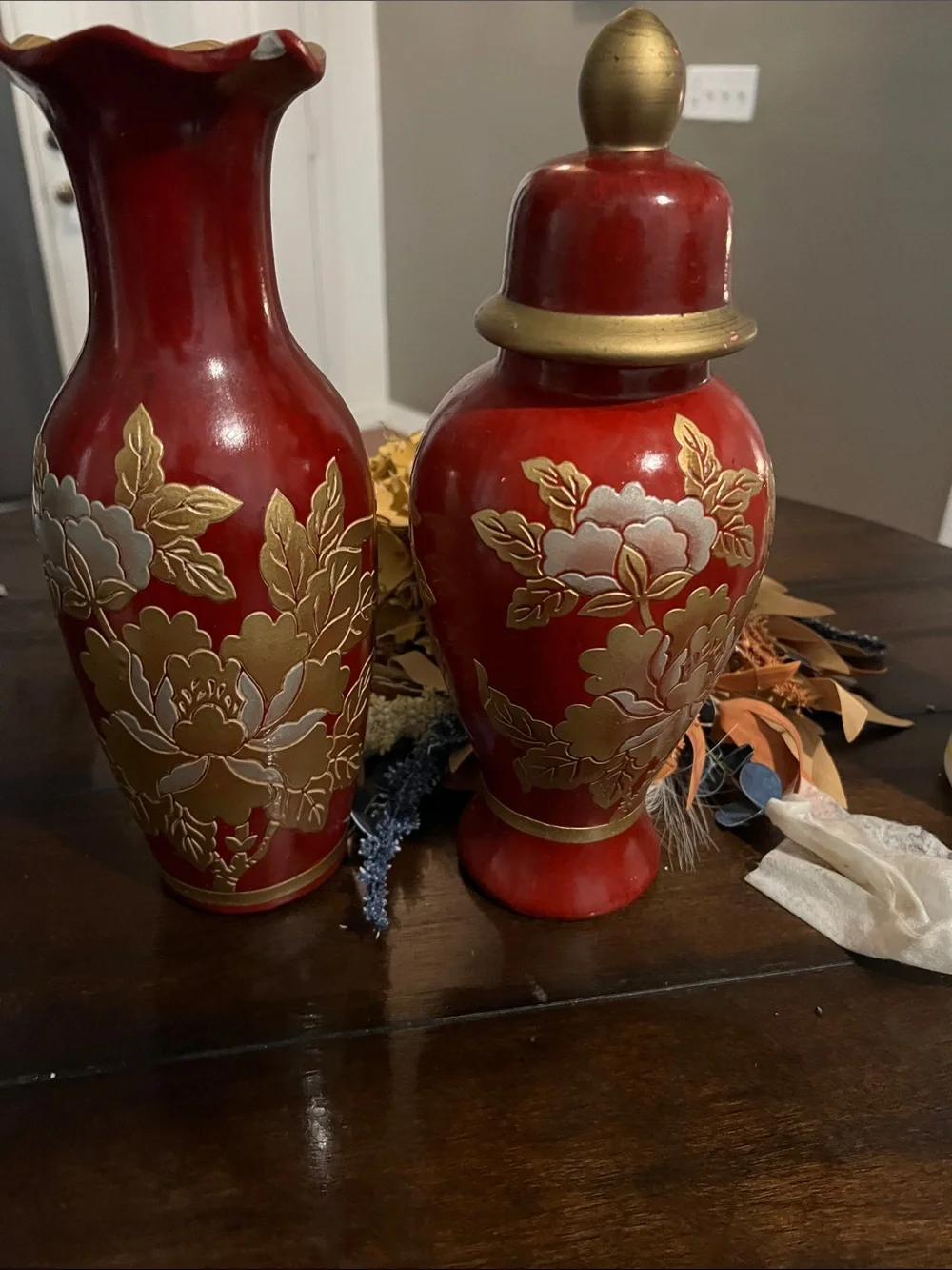 Beautiful Set Of 2 Statuesque Asian Burgundy/Gold/ Silver Flowered